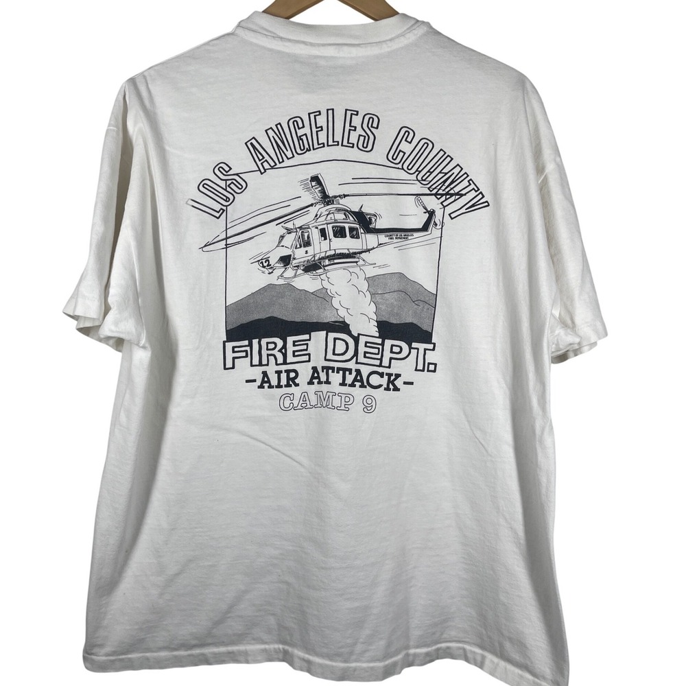 Vintage LA County Fire Dept Air Attack Camp 9 T-Shirt White Single Stitch XL